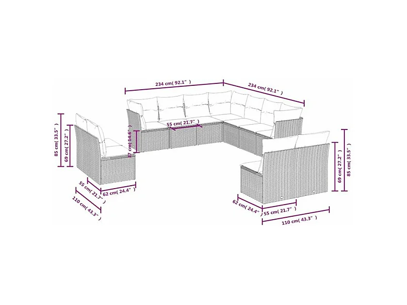 Salon de jardin 11 pcs avec coussins gris clair résine tressée