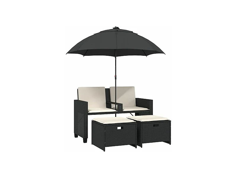 Canapé de jardin 2 places avec parasol et tabourets noir rotin