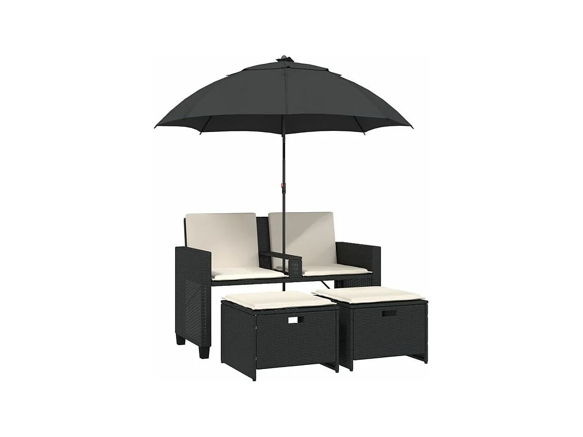 Canapé de jardin 2 places avec parasol et tabourets noir rotin