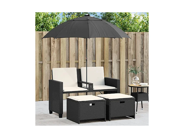 Canapé de jardin 2 places avec parasol et tabourets noir rotin