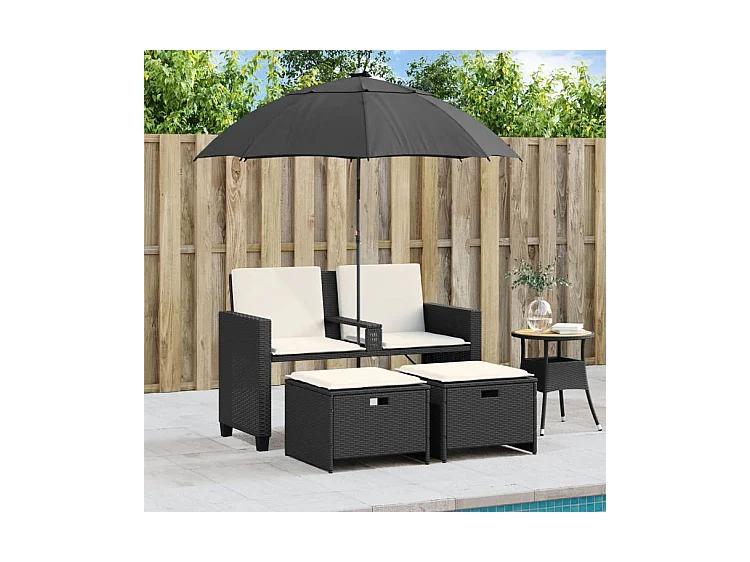 Canapé de jardin 2 places avec parasol et tabourets noir rotin