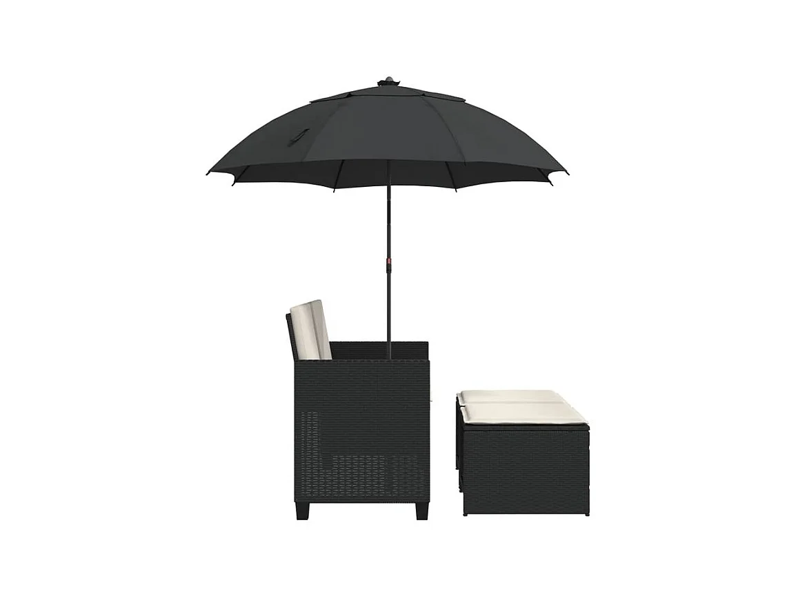 Canapé de jardin 2 places avec parasol et tabourets noir rotin