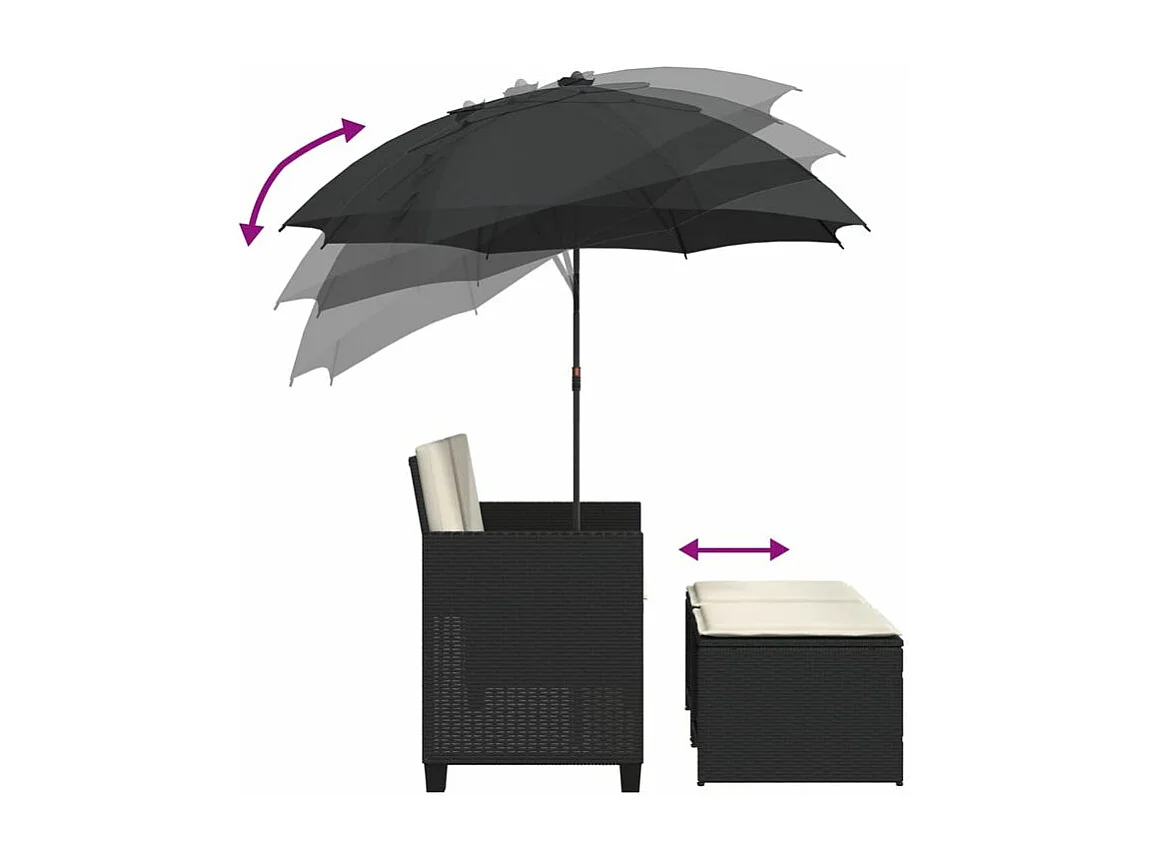 Canapé de jardin 2 places avec parasol et tabourets noir rotin