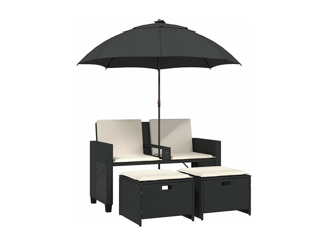 Canapé de jardin 2 places avec parasol et tabourets noir rotin