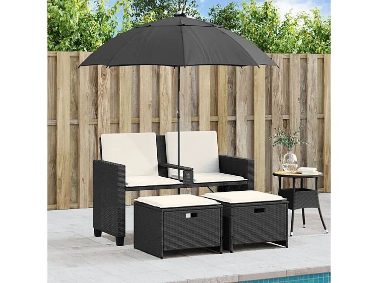 Canapé de jardin 2 places avec parasol et tabourets noir rotin
