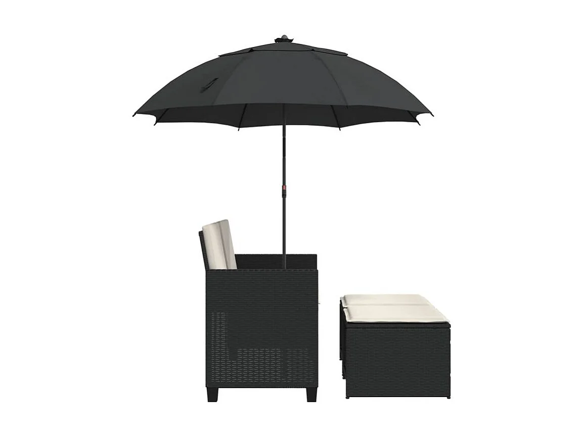 Canapé de jardin 2 places avec parasol et tabourets noir rotin