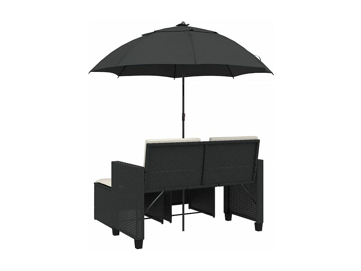 Canapé de jardin 2 places avec parasol et tabourets noir rotin