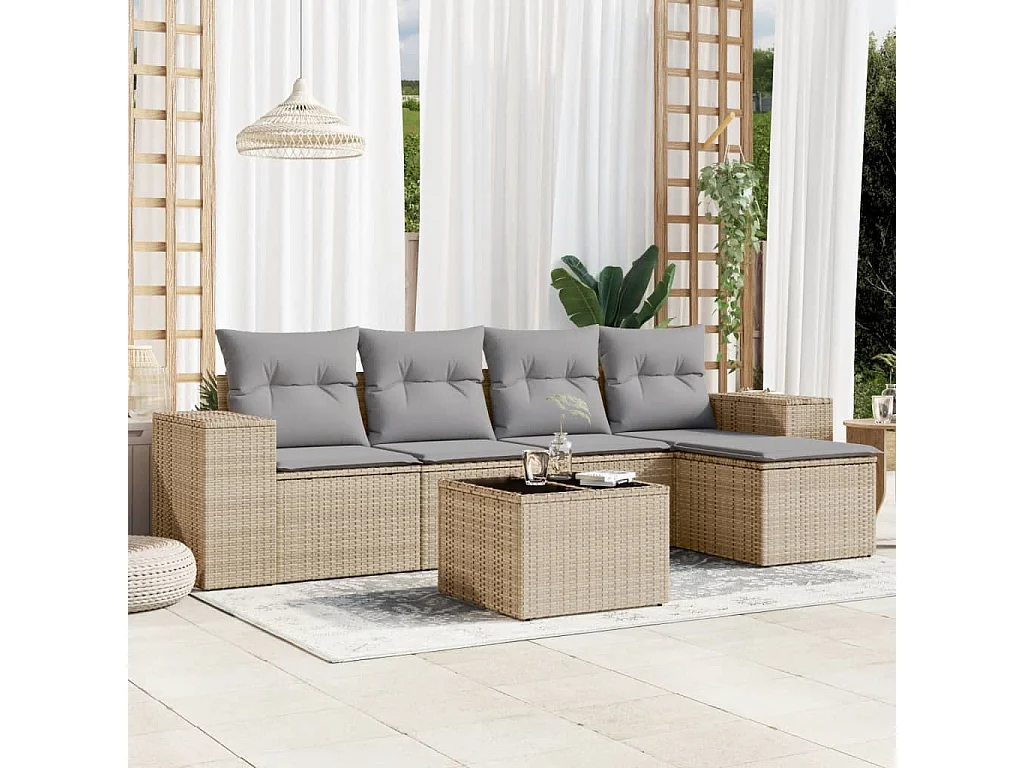 Salon de jardin avec coussins 6 pcs beige résine tressée