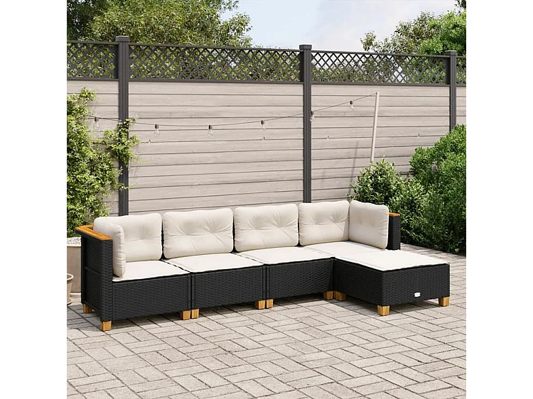 Salon de jardin 5 pcs avec coussins noir résine tressée