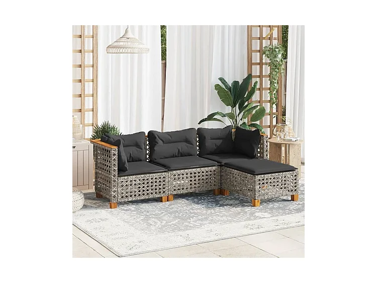 Salon de jardin 4 pcs avec coussins gris résine tressée