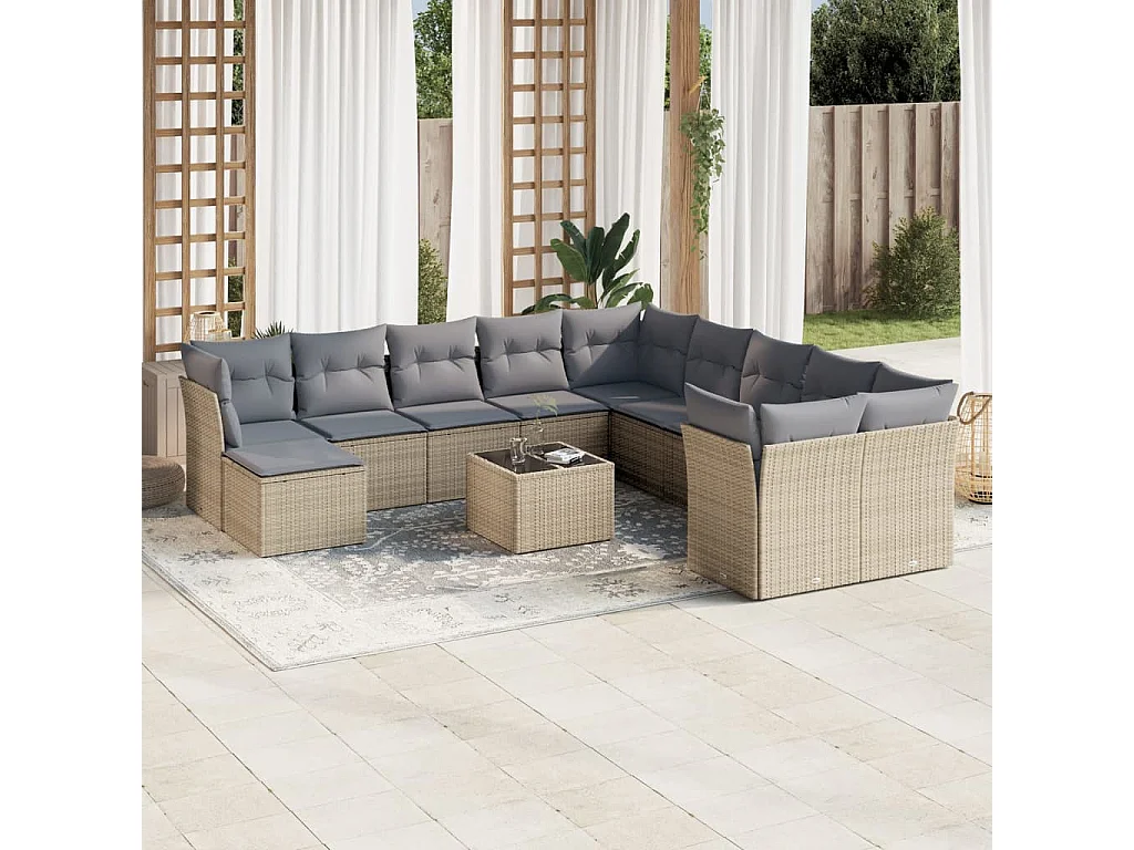 Salon de jardin avec coussins 12 pcs beige résine tressée