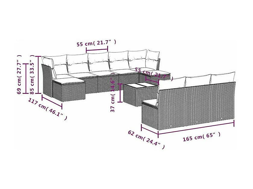Salon de jardin et coussins 11 pcs marron résine tressée