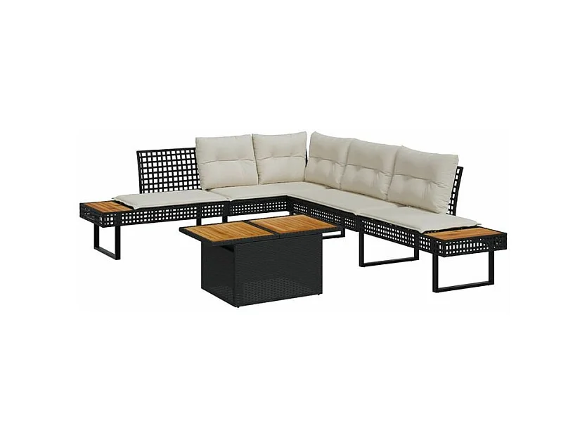 Salon de jardin avec coussins 2 pcs noir résine tressée acacia