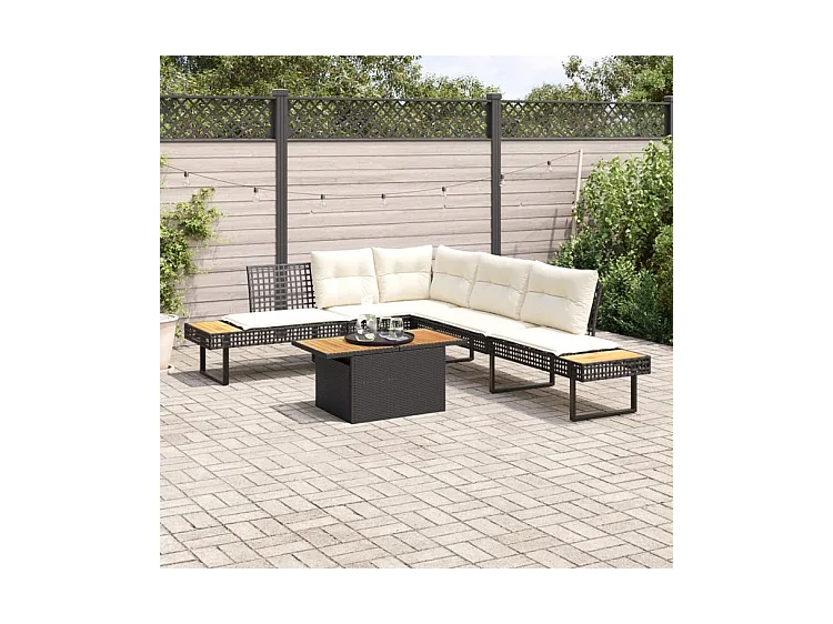 Salon de jardin avec coussins 2 pcs noir résine tressée acacia