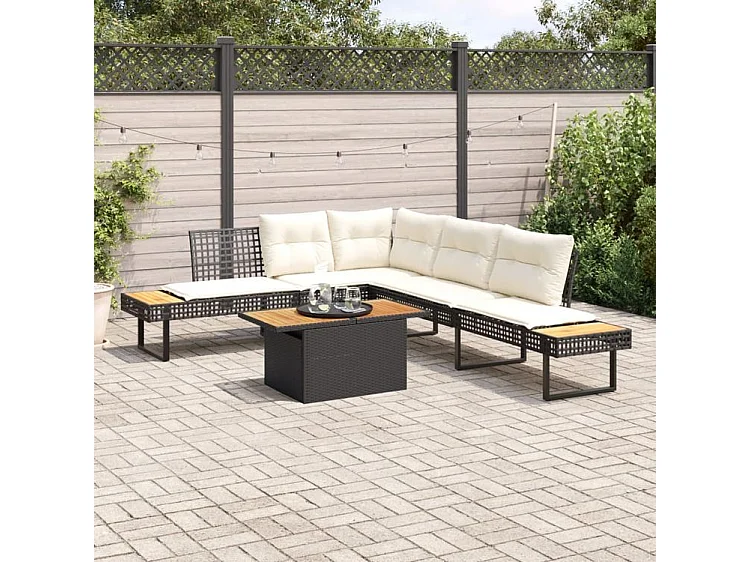 Salon de jardin avec coussins 2 pcs noir résine tressée acacia
