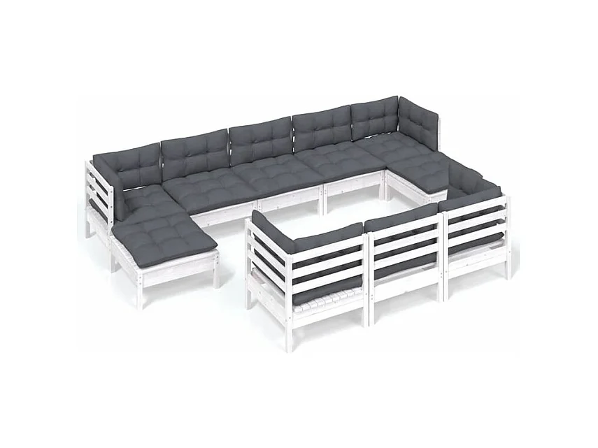 Salon de jardin 10 pcs avec coussins blanc bois de pin solide