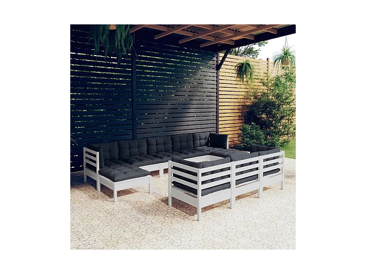 Salon de jardin 10 pcs avec coussins blanc bois de pin solide