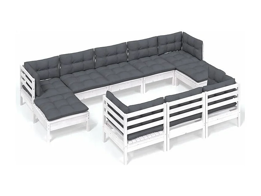 Salon de jardin 10 pcs avec coussins blanc bois de pin solide