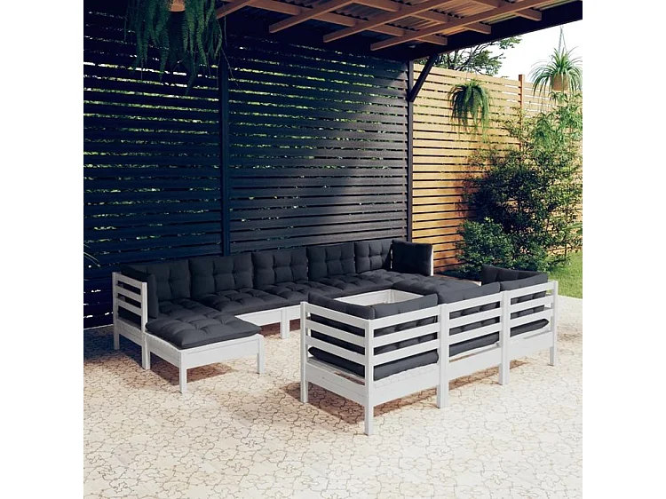 Salon de jardin 10 pcs avec coussins blanc bois de pin solide
