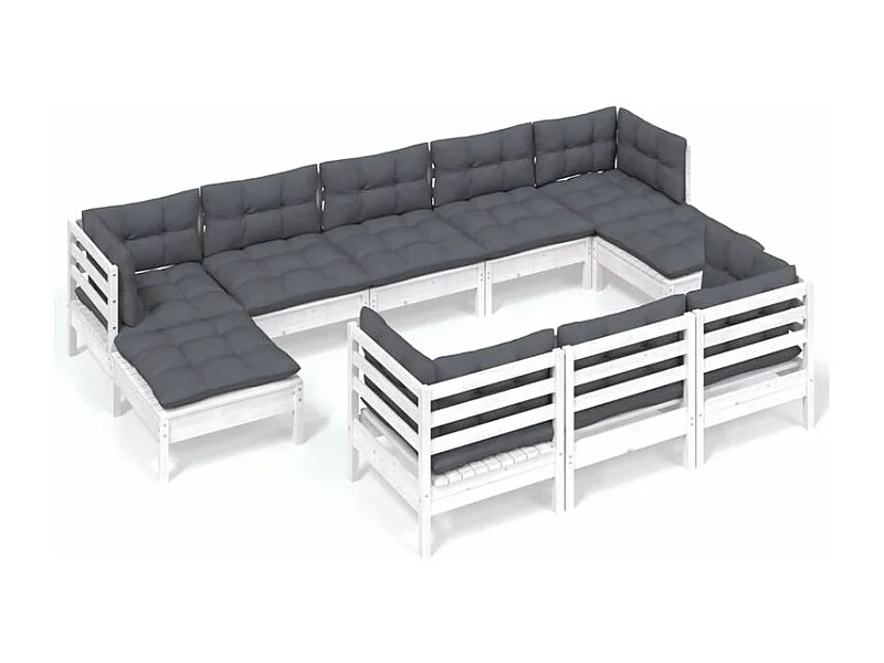 Salon de jardin 10 pcs avec coussins blanc bois de pin solide