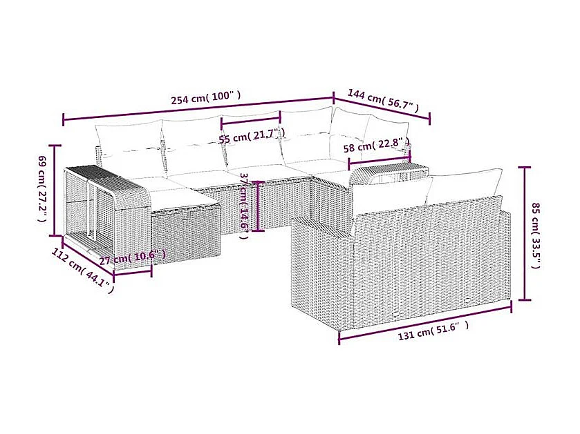 Salon de jardin 10 pcs avec coussins marron résine tressée