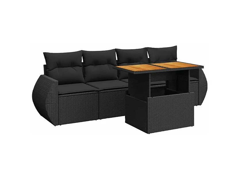 Salon de jardin 5 pcs avec coussins noir résine tressée