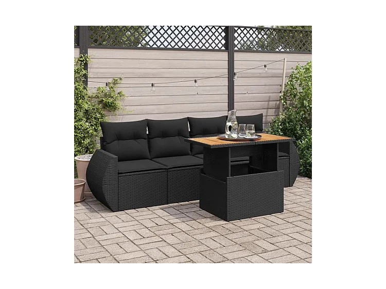 Salon de jardin 5 pcs avec coussins noir résine tressée
