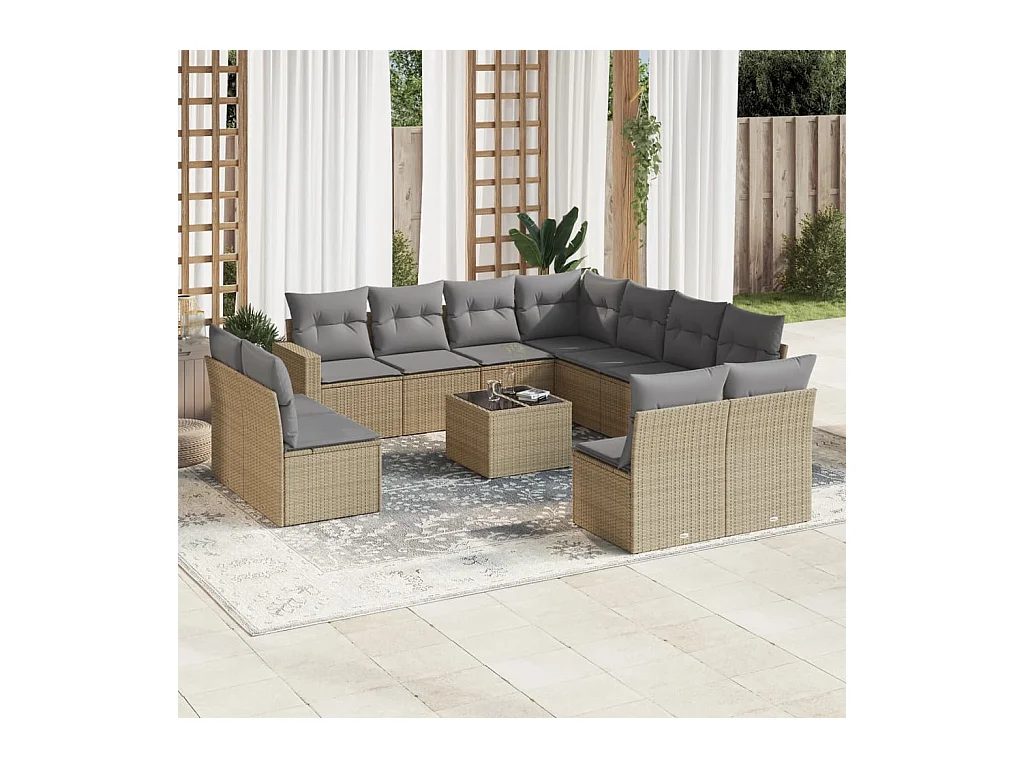 Salon de jardin avec coussins 12 pcs beige résine tressée