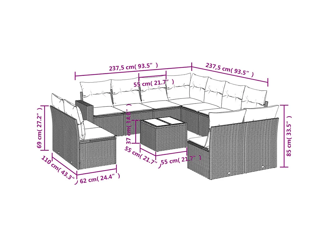 Salon de jardin avec coussins 12 pcs beige résine tressée