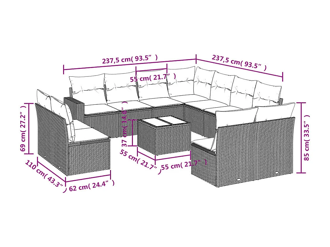 Salon de jardin avec coussins 12 pcs beige résine tressée