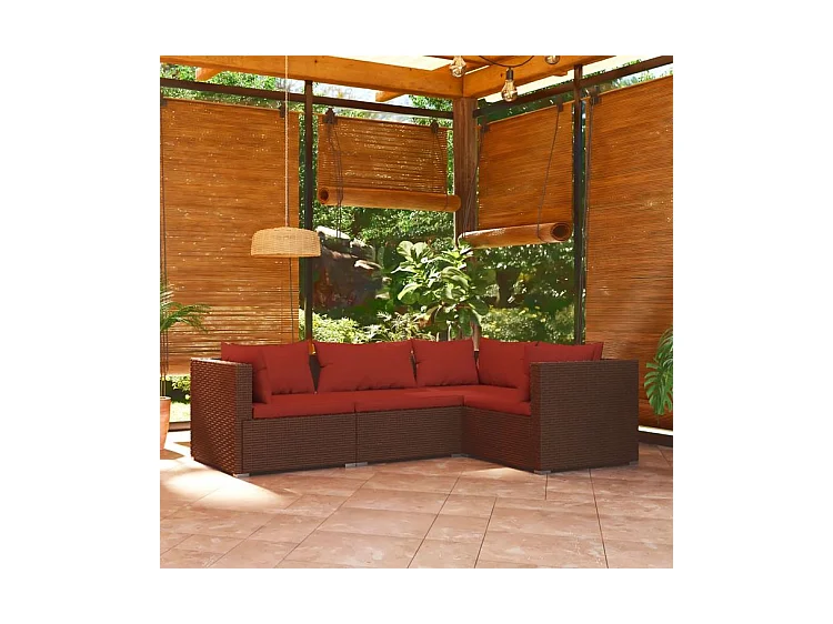 Salon de jardin 4 pcs avec coussins Résine tressée Marron