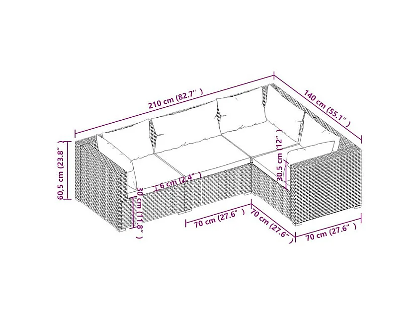 Salon de jardin 4 pcs avec coussins Résine tressée Marron