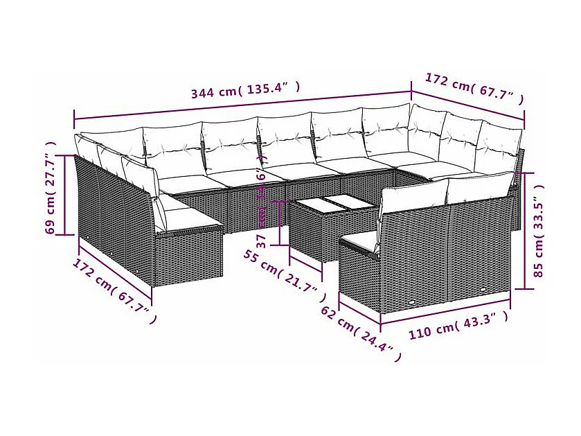 Salon de jardin avec coussins 13 pcs marron résine tressée