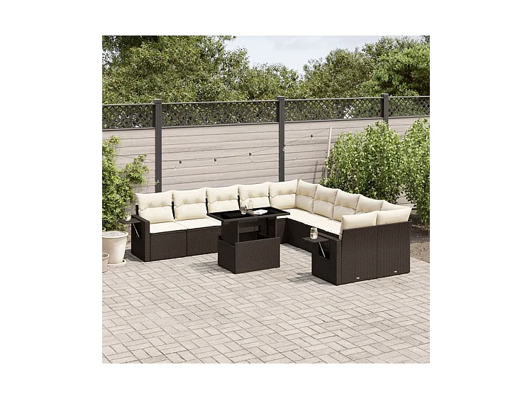 Salon de jardin et coussins 11 pcs marron résine tressée