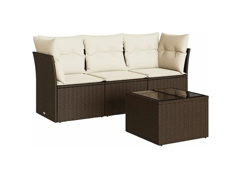 Salon de jardin 4 pcs avec coussins marron résine tressée
