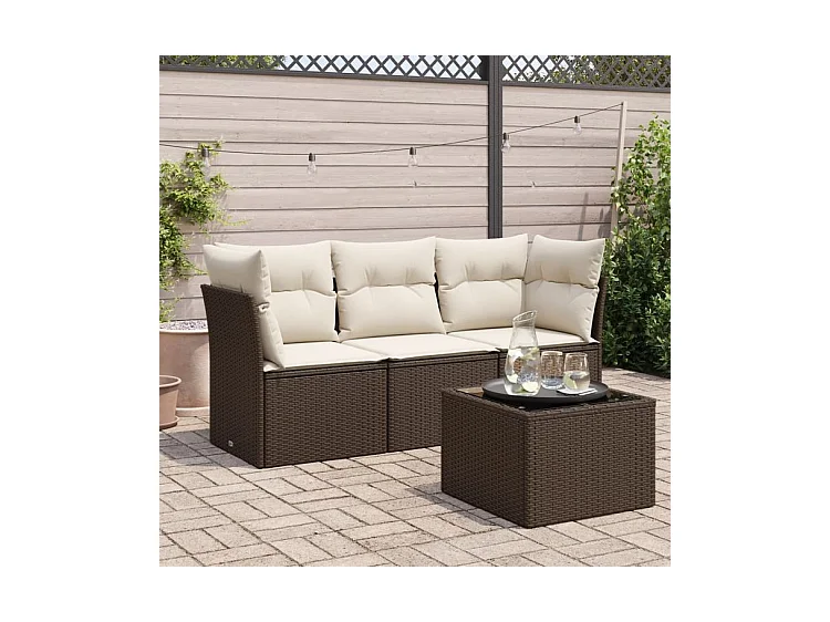 Salon de jardin 4 pcs avec coussins marron résine tressée