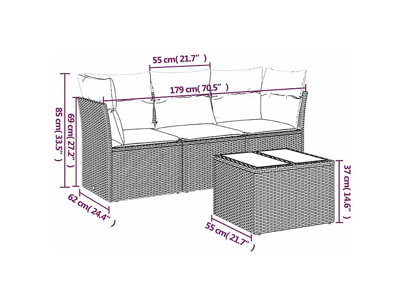 Salon de jardin 4 pcs avec coussins marron résine tressée