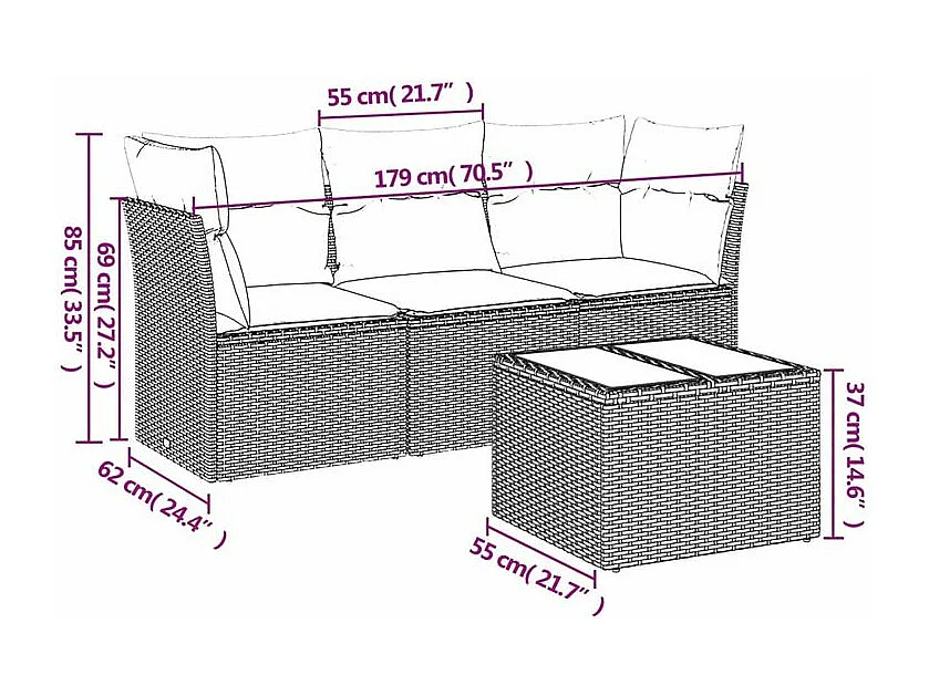 Salon de jardin 4 pcs avec coussins marron résine tressée