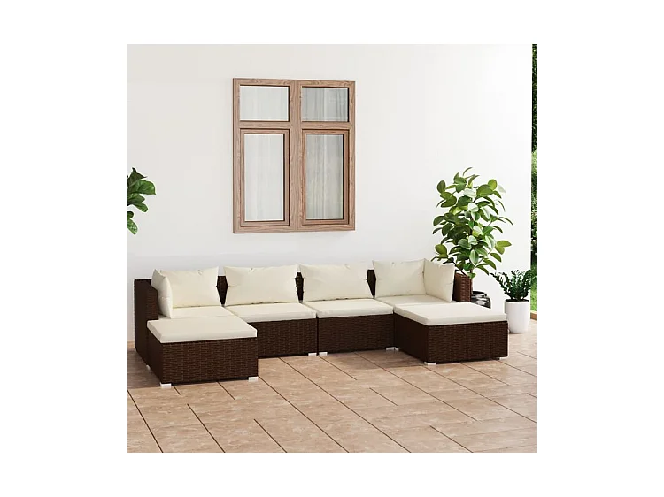 Salon de jardin 6 pcs avec coussins Résine tressée Marron