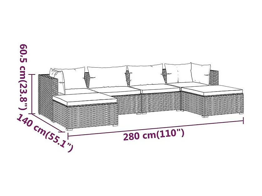 Salon de jardin 6 pcs avec coussins Résine tressée Marron
