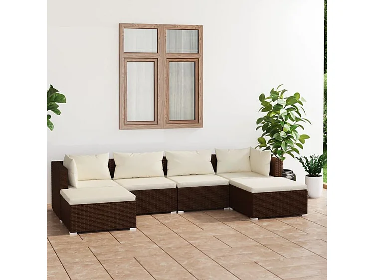 Salon de jardin 6 pcs avec coussins Résine tressée Marron