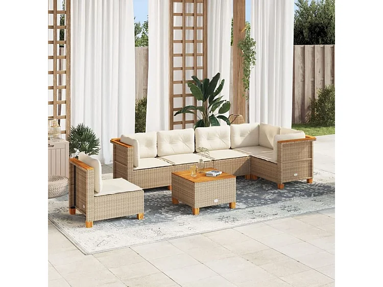 Salon de jardin avec coussins 7 pcs beige résine tressée