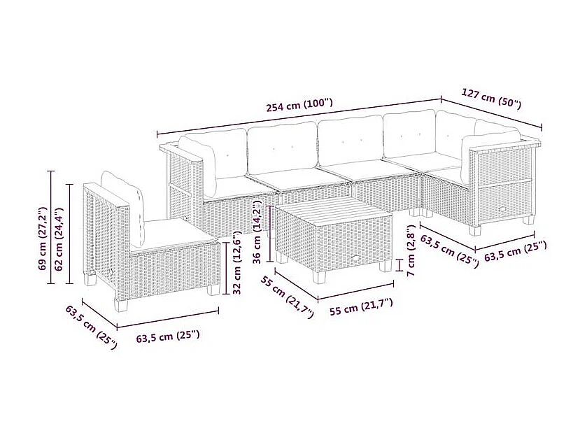 Salon de jardin avec coussins 7 pcs beige résine tressée