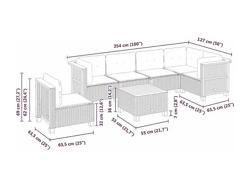 Salon de jardin avec coussins 7 pcs beige résine tressée
