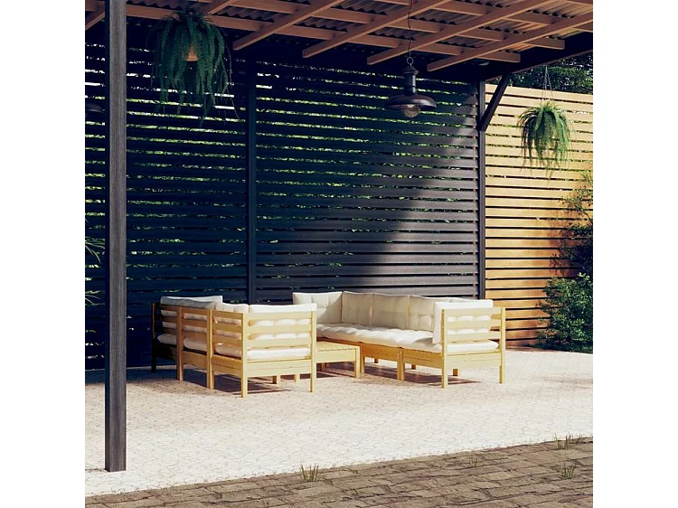 Salon de jardin 8 pcs avec coussins crème Bois de pin massif