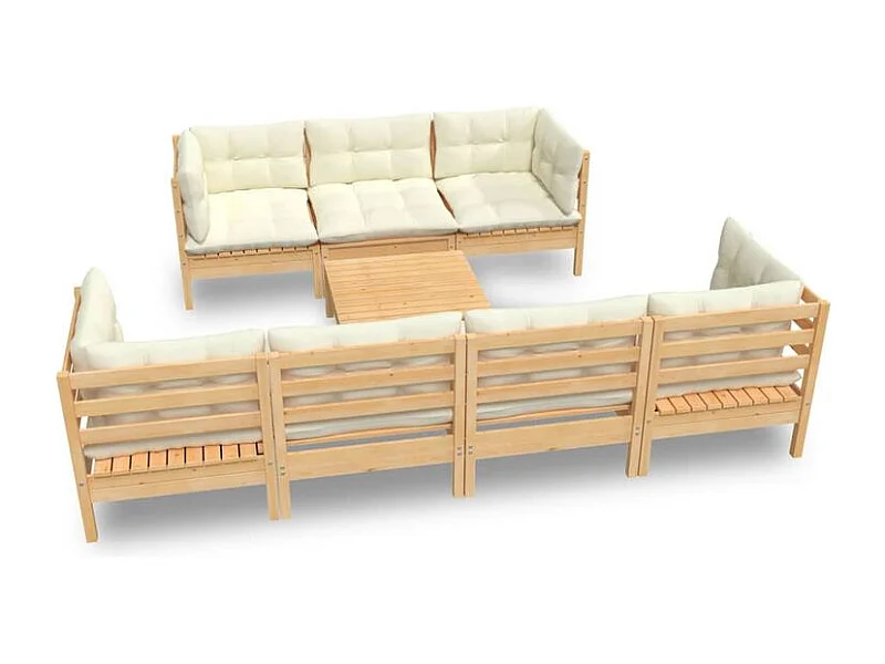 Salon de jardin 8 pcs avec coussins crème Bois de pin massif