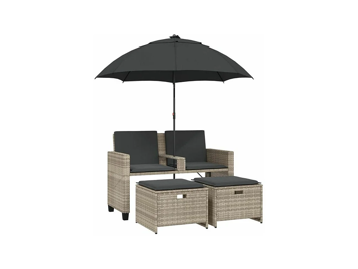 Canapé de jardin 2 places et parasol tabourets gris clair rotin