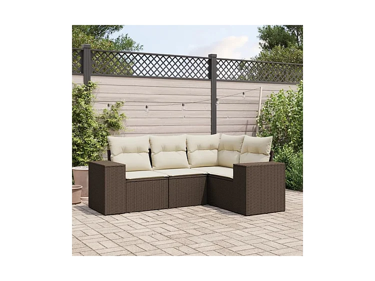 Salon de jardin 4 pcs avec coussins marron résine tressée