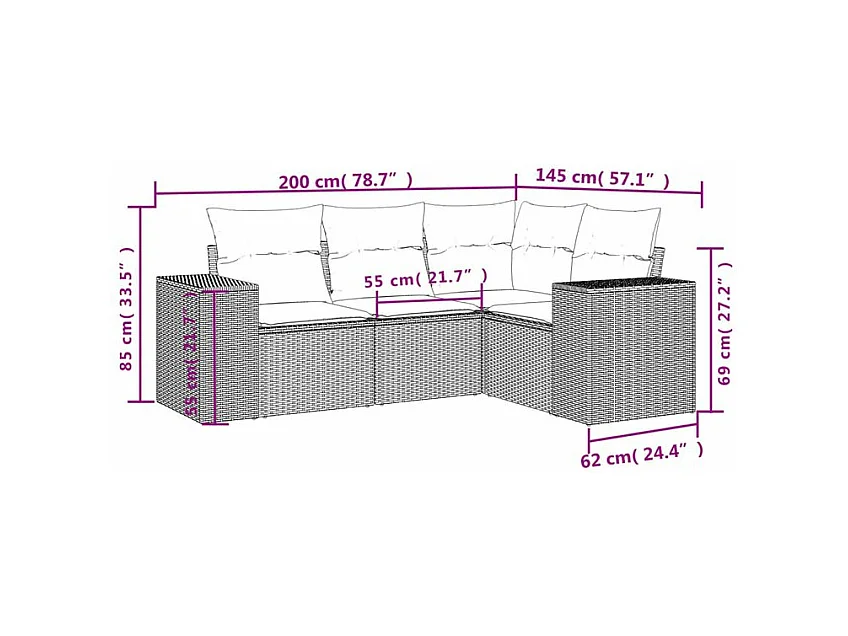 Salon de jardin 4 pcs avec coussins marron résine tressée