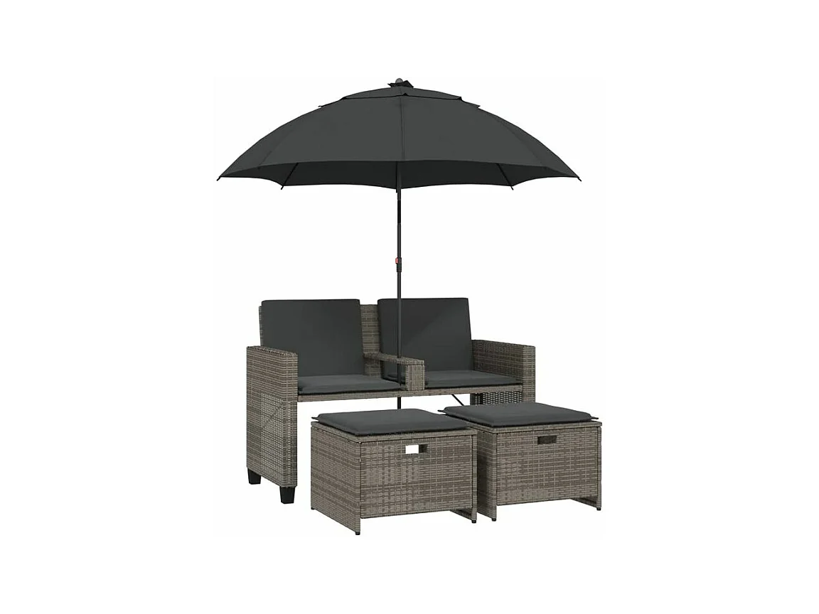 Canapé de jardin 2 places avec parasol et tabourets gris rotin
